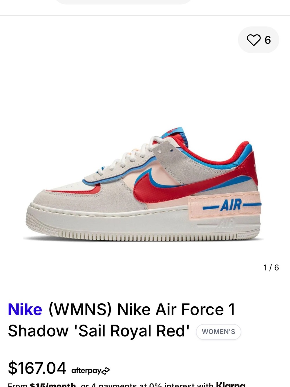 Nike Air Force 1 Shadow in Sail with Red and Blue Accents